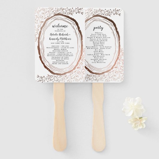 Rustiek houten plak koper bruiloft ceremonie progr handwaaier (Voorkant en achterkant)