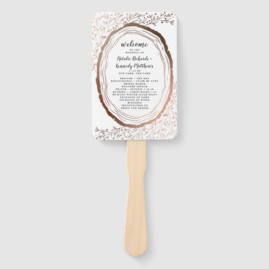 Rustiek houten plak koper bruiloft ceremonie progr handwaaier (Voorkant)