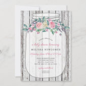 Rustiek houten roze bloemenmetselaar pot baby show kaart (Voorkant)