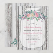 Rustiek houten roze bloemenmetselaar pot baby show kaart (Voorkant / Achterkant)