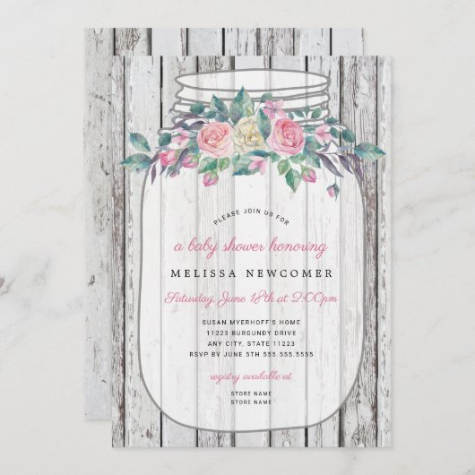 Rustiek houten roze bloemenmetselaar pot baby show kaart (Voorkant / Achterkant)