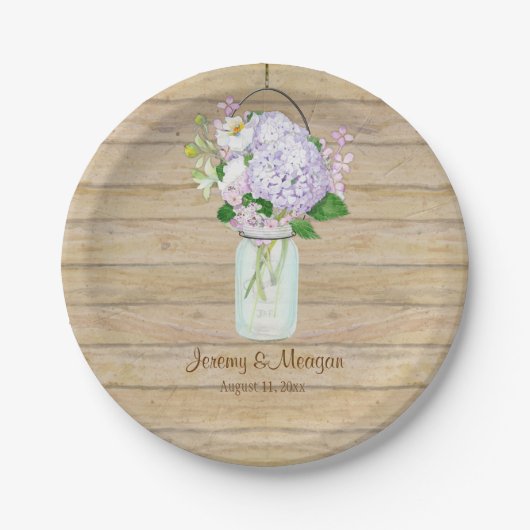 Rustiek Houten Schuur Hek Hydrangea Mason Jar Papieren Bordje (Voorkant)