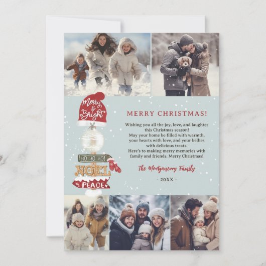 Rustiek houten teken script kerst 5 foto's feestdagenkaart (Voorkant)