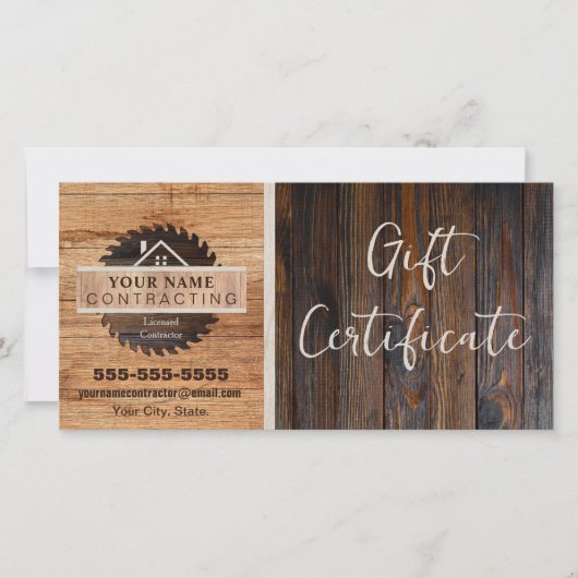 Rustiek Houten Tone Aannemer Logo Cadeaubon (Voorkant)