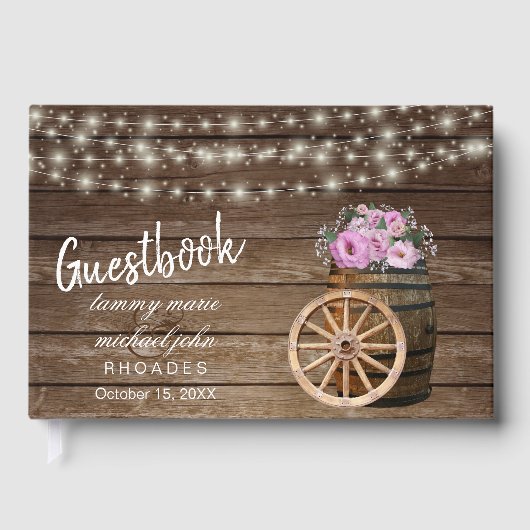 Rustiek houten vat met roze bloemen gastenboek (Voorkant)