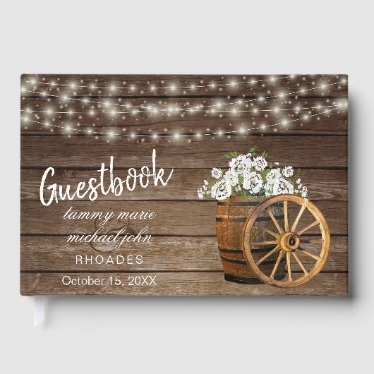 Rustiek houten vat met witte bloemen gastenboek (Voorkant)