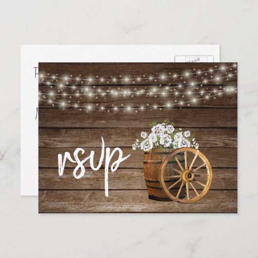 Rustiek houten vat met witte bloemen - RSVP Uitnodiging Briefkaart (Voorkant / Achterkant)