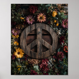 Rustiek houten vredesteken met wilde bloemen poster
