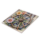 Rustiek houten wiel met bloemen tegeltje (Zijkant)
