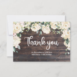 Rustiek houtgroen witte rozen bloemenmolen baby bedankkaart