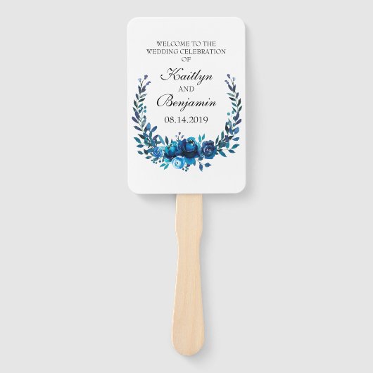 Rustiek huwelijksprogramma Fan Blue Waterverf Flow Handwaaier (Voorkant)