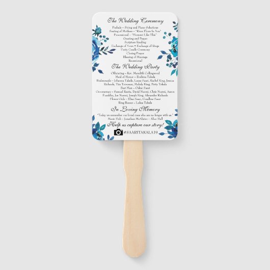 Rustiek huwelijksprogramma Fan Blue Waterverf Flow Handwaaier (Achterkant)