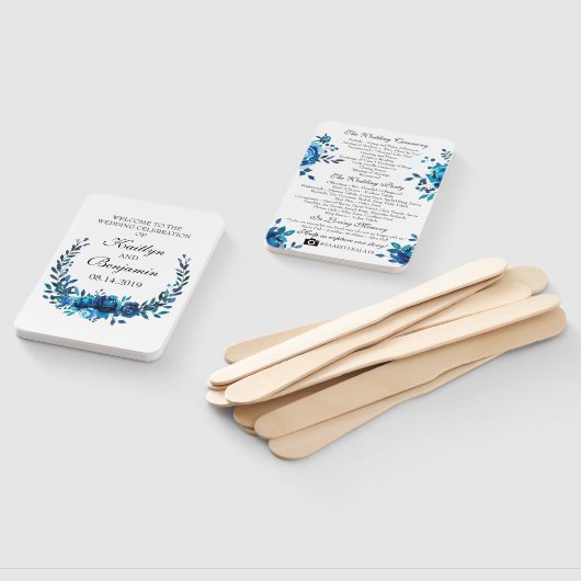 Rustiek huwelijksprogramma Fan Blue Waterverf Flow Handwaaier (Niet-gemonteerd)