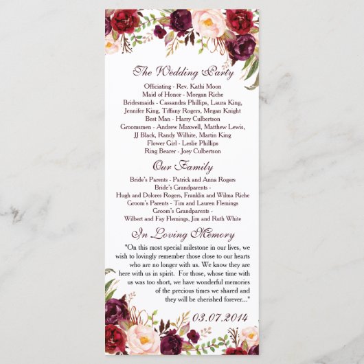 Rustiek huwelijksprogramma Marsala Waterverf Flowe Programmakaart (Achterkant)