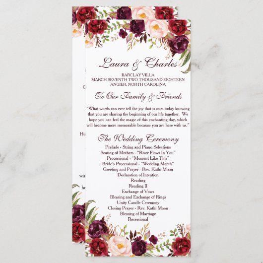 Rustiek huwelijksprogramma Marsala Waterverf Flowe Programmakaart (Voorkant / Achterkant)