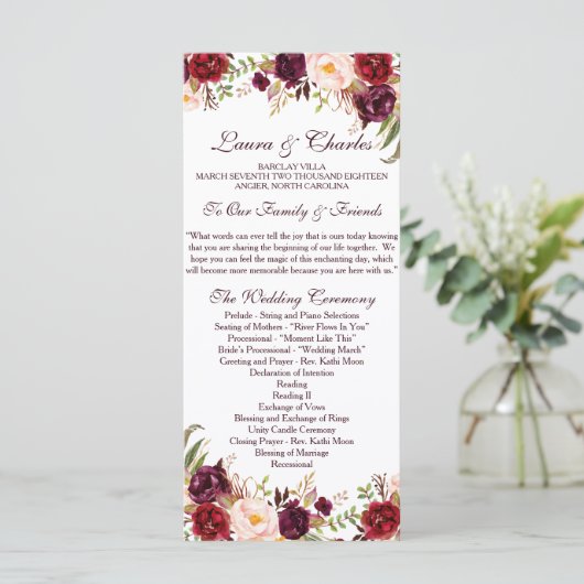 Rustiek huwelijksprogramma Marsala Waterverf Flowe Programmakaart (Staand voorkant)