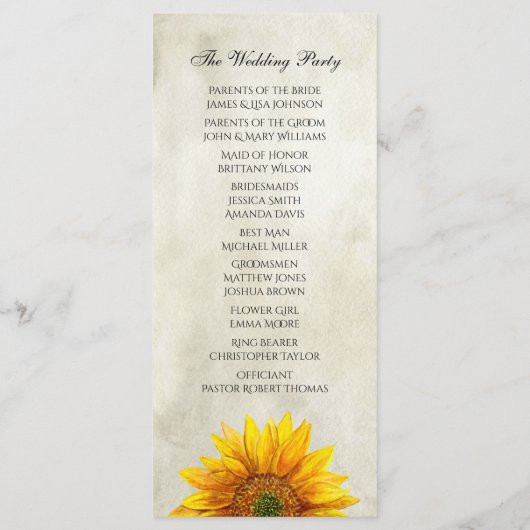 Rustiek huwelijksprogramma. Zonnebloem ceremonie k Programmakaart (Achterkant)