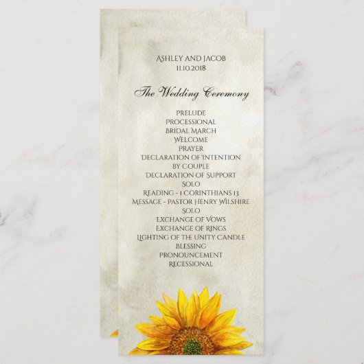 Rustiek huwelijksprogramma. Zonnebloem ceremonie k Programmakaart (Voorkant / Achterkant)