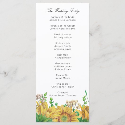 Rustiek huwelijksprogramma Zonnebloem Country cere Programmakaart (Achterkant)