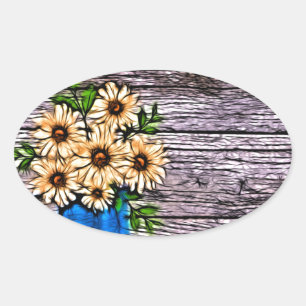Rustiek impressionisme blauwe vaas gele daisy ovale sticker