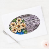 Rustiek impressionisme blauwe vaas gele daisy ovale sticker (Envelop)