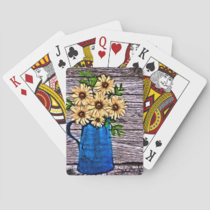 Rustiek impressionisme blauwe vaas gele daisy pokerkaarten
