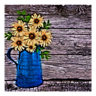 Rustiek impressionisme blauwe vaas zomer daisy perfect poster