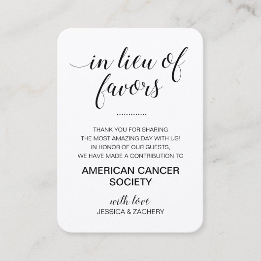 Rustiek in plaats van gunsten liefdadigheidsdonati plaatskaartje (Voorkant)