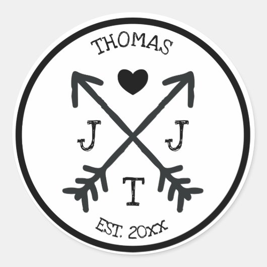 Rustiek Initiaal Hartpijl Monogram Ronde Sticker (Voorkant)