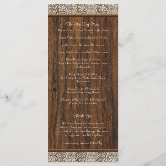 Rustiek  Ivoor Lace Wood Wedding Program Programmakaart (Achterkant)