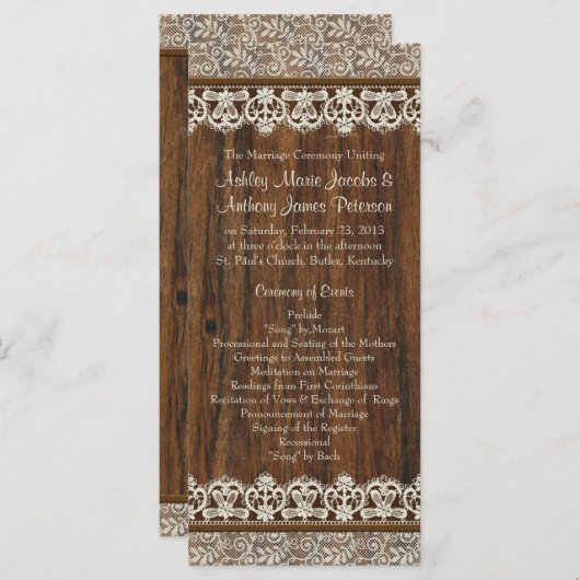 Rustiek  Ivoor Lace Wood Wedding Program Programmakaart (Voorkant / Achterkant)