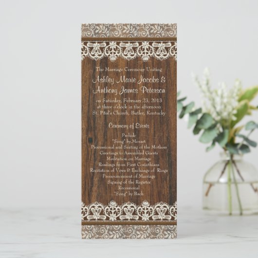 Rustiek  Ivoor Lace Wood Wedding Program Programmakaart (Staand voorkant)