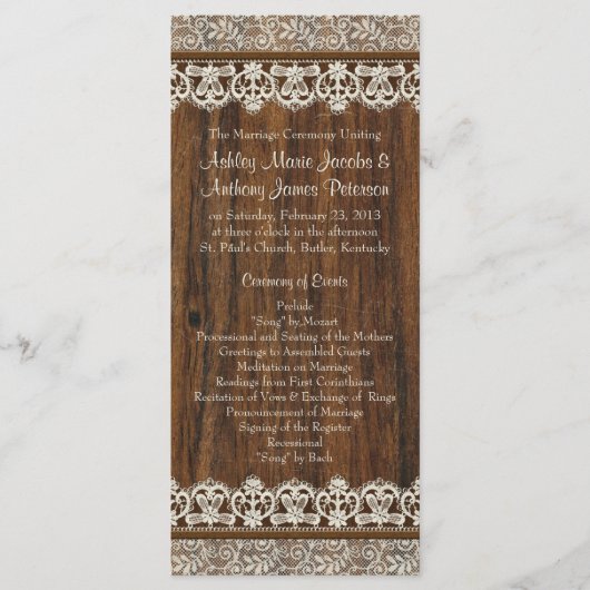 Rustiek  Ivoor Lace Wood Wedding Program Programmakaart (Voorkant)