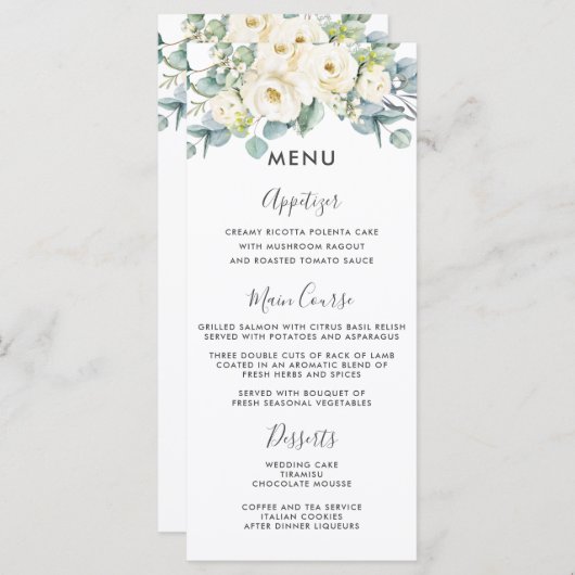 Rustiek Ivoor Wit Bloemen Eucalyptus Bruiloft Menu (Voorkant / Achterkant)