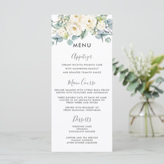 Rustiek Ivoor Wit Bloemen Eucalyptus Bruiloft Menu (Staand voorkant)