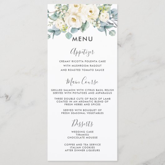 Rustiek Ivoor Wit Bloemen Eucalyptus Bruiloft Menu (Voorkant)