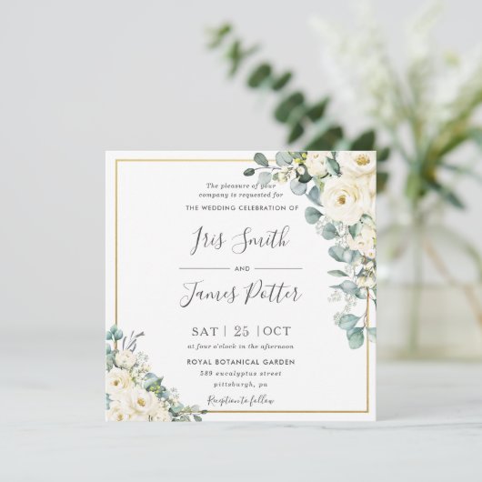Rustiek Ivoor Wit Bloemen Eucalyptus Goud Bruiloft Kaart (Staand voorkant)