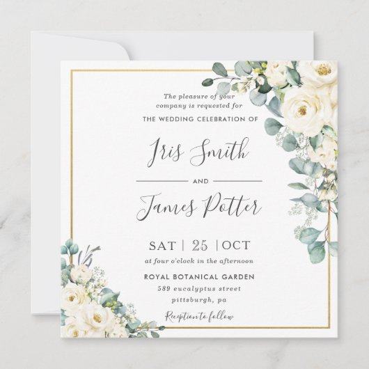 Rustiek Ivoor Wit Bloemen Eucalyptus Goud Bruiloft Kaart (Voorkant)