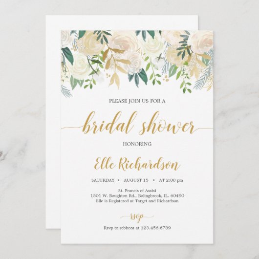 Rustiek Ivoor wit bloemen goud groen bruids Kaart (Voorkant / Achterkant)