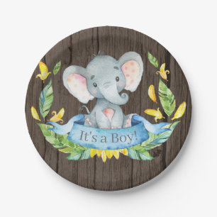 Rustiek Jongen Olifant Baby shower Blauw Papier Bo Papieren Bordje
