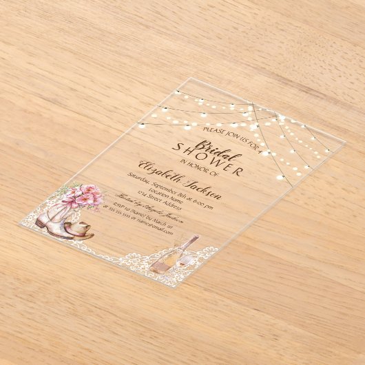 Rustiek, Kant, Laarzen Bloemen Vrijgezellenfeest Acryl Uitnodigingen (Laagn)