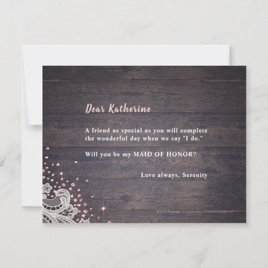 Rustiek kanten hout zou je mijn bruidsmeisje zijn kaart (Achterkant)