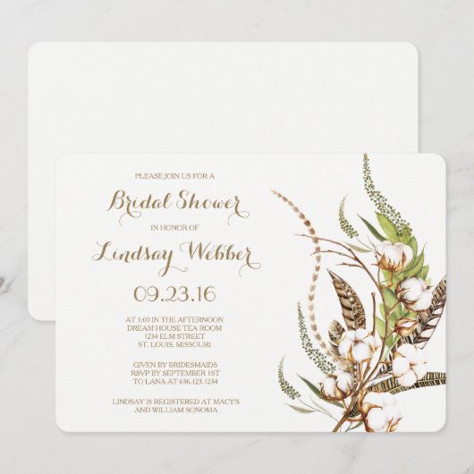 Rustiek Katoen Bloemen Veer Vrijgezellenfeest Kaart (Voorkant / Achterkant)