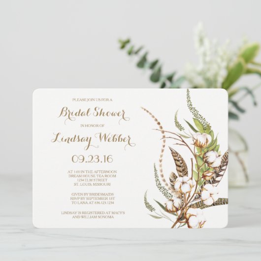 Rustiek Katoen Bloemen Veer Vrijgezellenfeest Kaart (Staand voorkant)