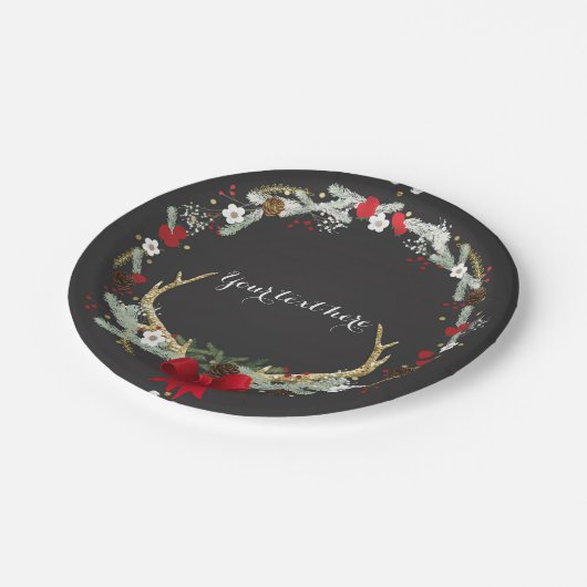 Rustiek Kerst Antler krans feestdag Papieren Bordje (Gekanteld)