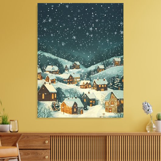 Rustiek kerstdorp onder een sterrensneeuw canvas afdruk (Insitu (Woonkamer))