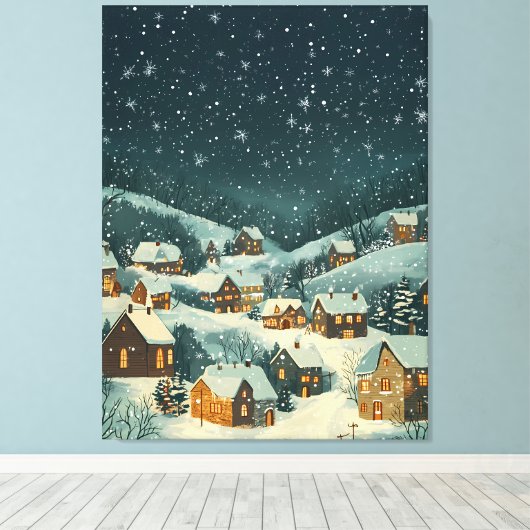 Rustiek kerstdorp onder een sterrensneeuw canvas afdruk (Insitu (Houten vloer))