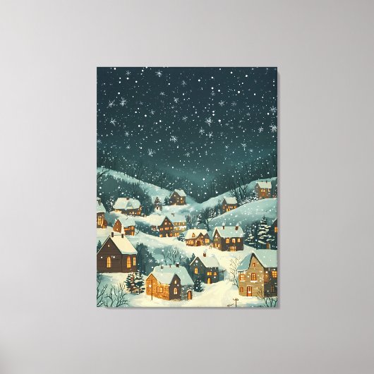 Rustiek kerstdorp onder een sterrensneeuw canvas afdruk (Voorkant)