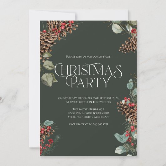 Rustiek kerstfeest, uitnodiging voor groene feestd (Voorkant)