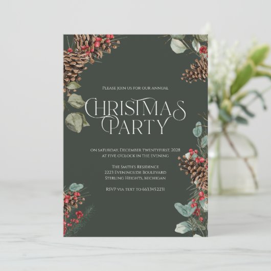Rustiek kerstfeest, uitnodiging voor groene feestd (Staand voorkant)